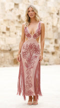 Front view of model wearing pink embellished mesh fringe maxi dress