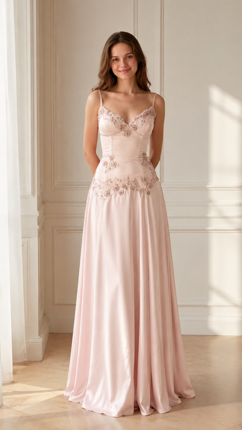 Front view of blush pink embroidered satin-look spaghetti strap evening gown