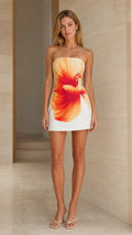 Front view of white floral strapless mini dress
