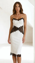 Front view of White lace trim midi cami dress
