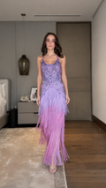 Front view of lavender pink gradient beaded fringe maxi evening dress