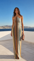 Front view of multicolor textured halter bodycon maxi dress