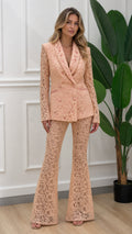 Full length front view of apricot lace blazer and pants set