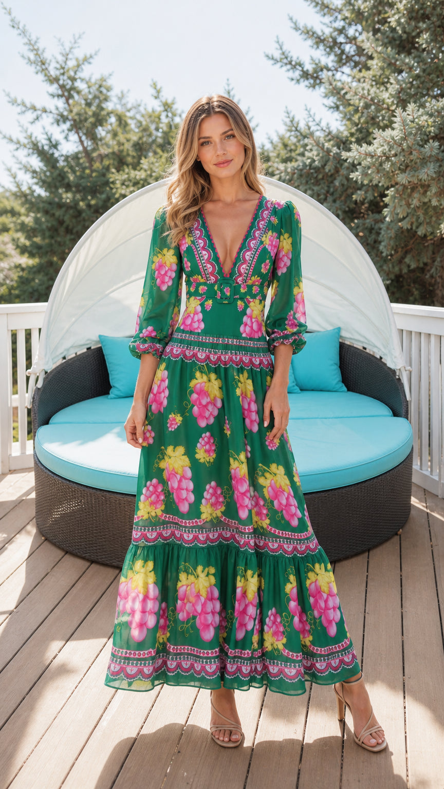 Front view of woman wearing green floral maxi dress on wooden deck