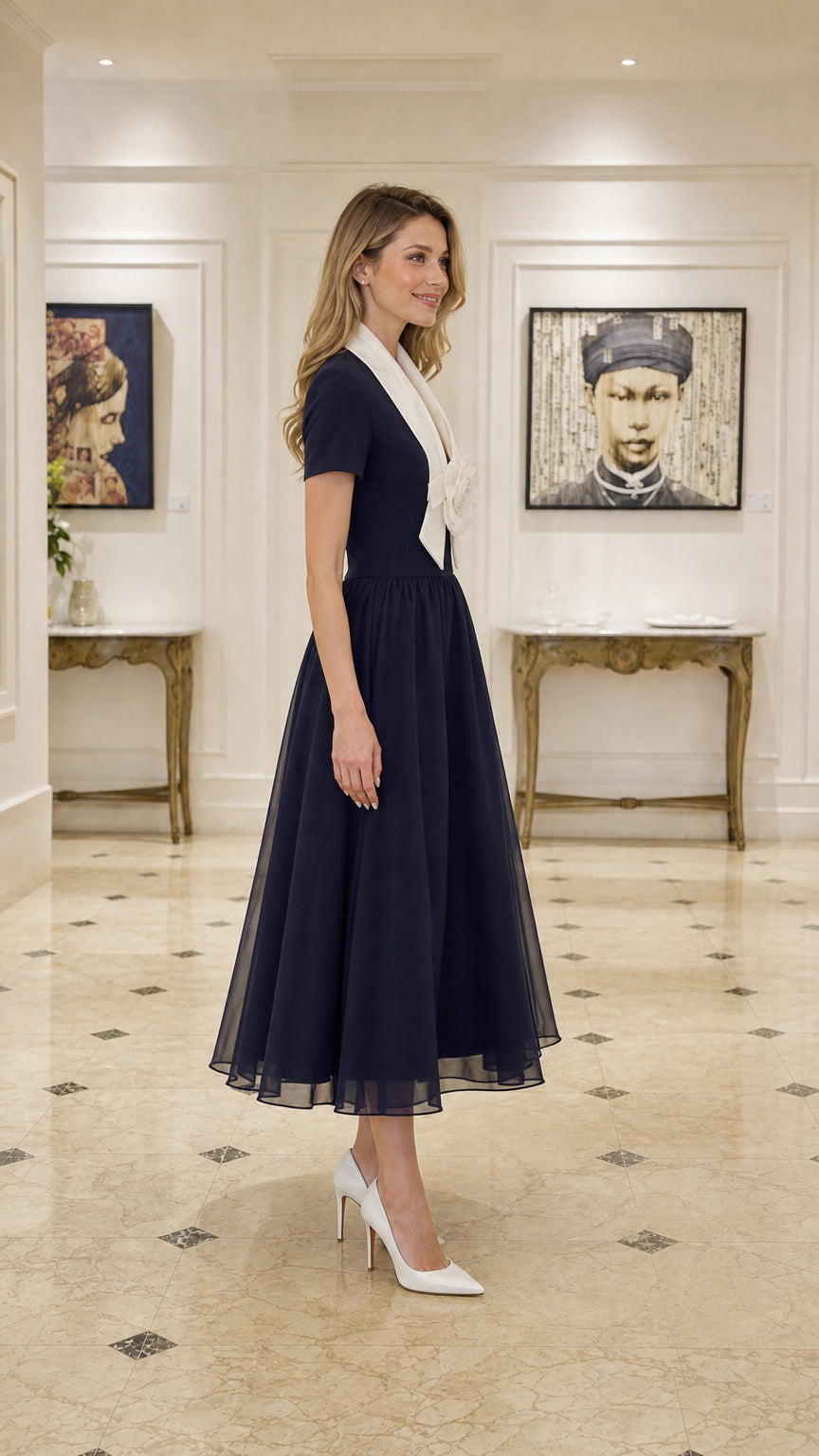 Side view of Navy tulle midi dress