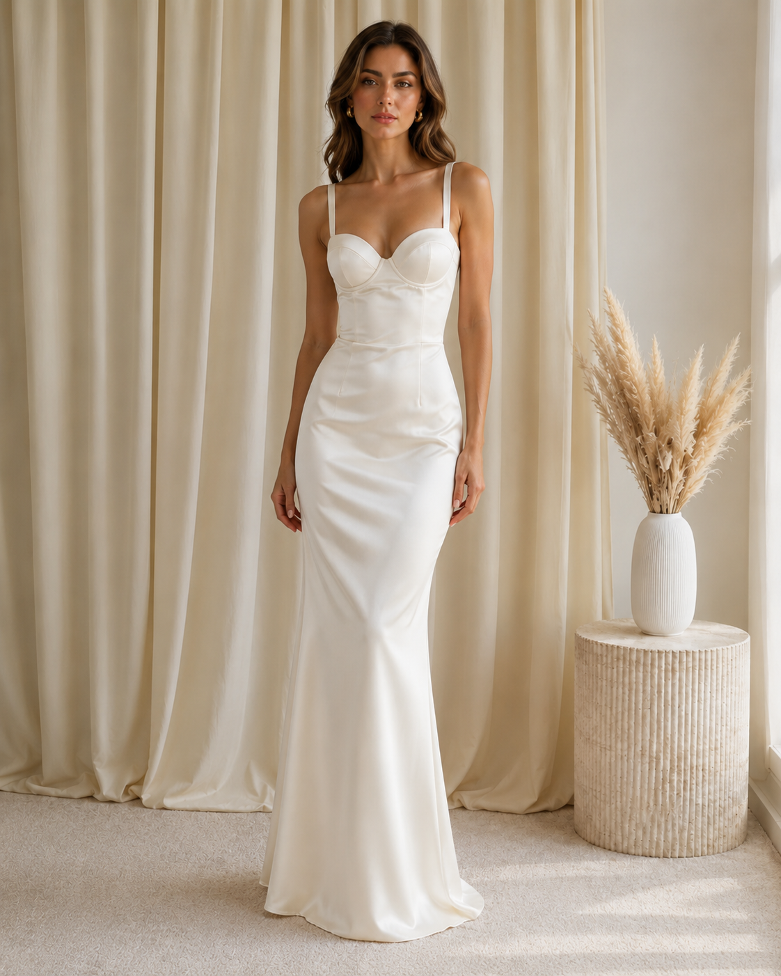 Front view of ivory satin-look mermaid maxi dress with sweetheart bustier bodice