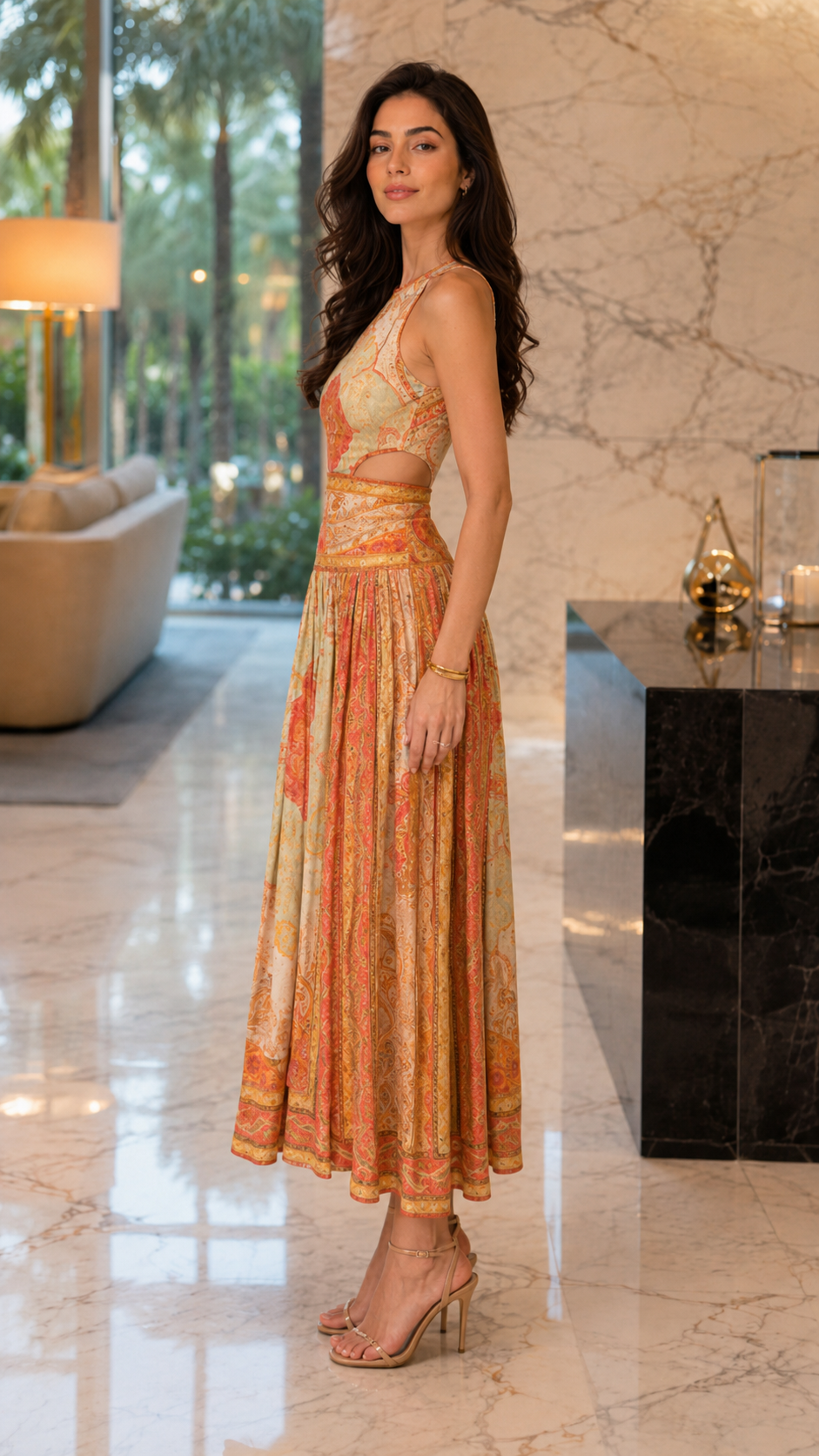 Side view of apricot ornate print sleeveless midi dress with defined waistband