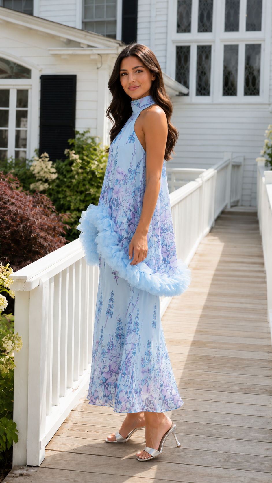Powder blue floral halter maxi dress with ruffle trim side view