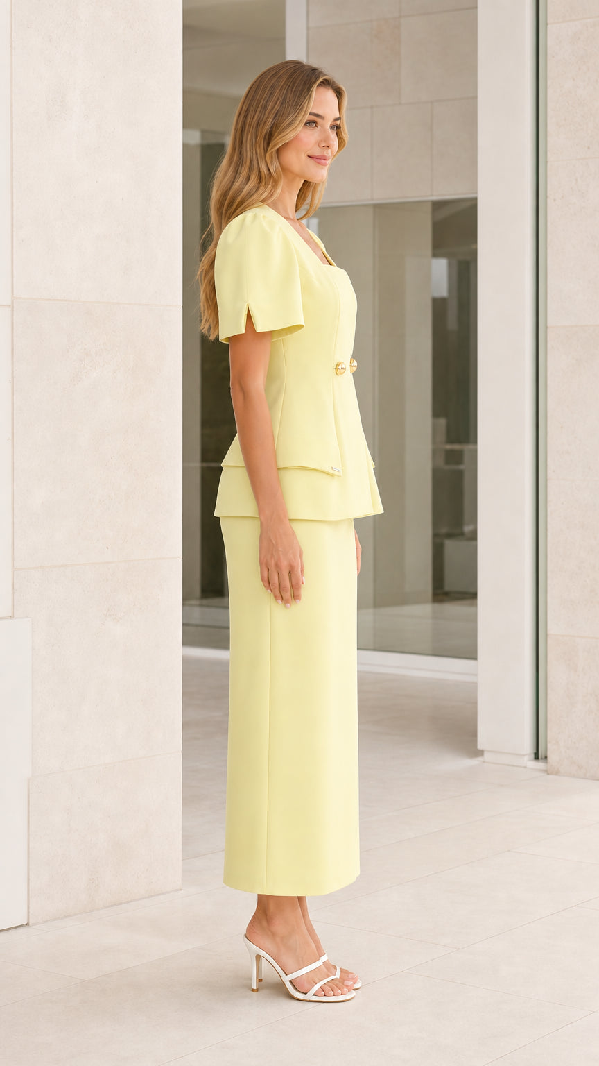 Side profile view of yellow skirt set