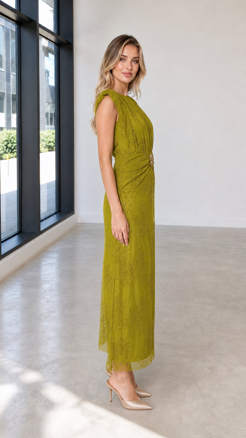 Side profile of olive green maxi dress