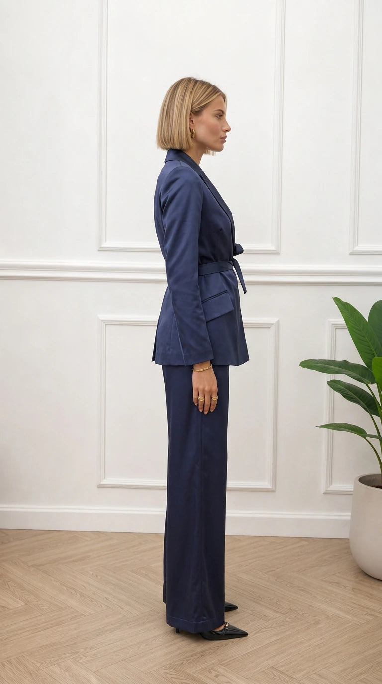 Side profile of woman wearing navy satin suit