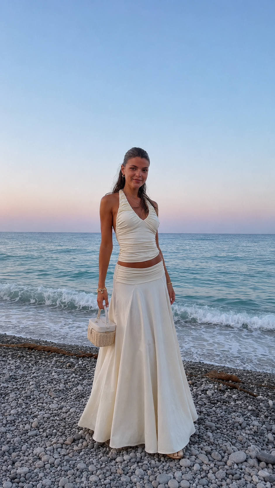 Angled front view of ivory backless halter top and maxi skirt two-piece set