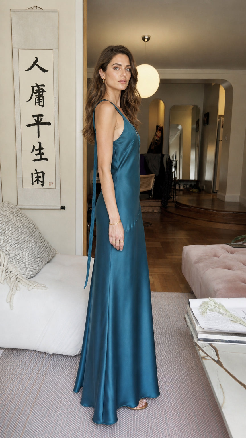 Side view of model in teal satin maxi dress