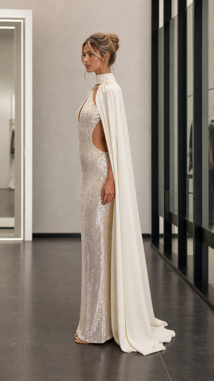 Side profile view of champagne sequin gown and cape
