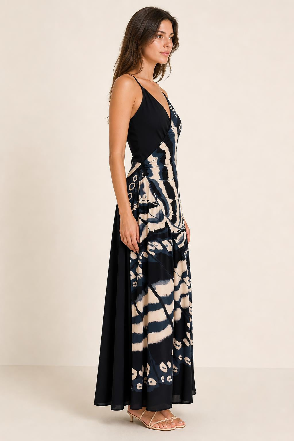 Womens black V-neck butterfly print maxi dress side view