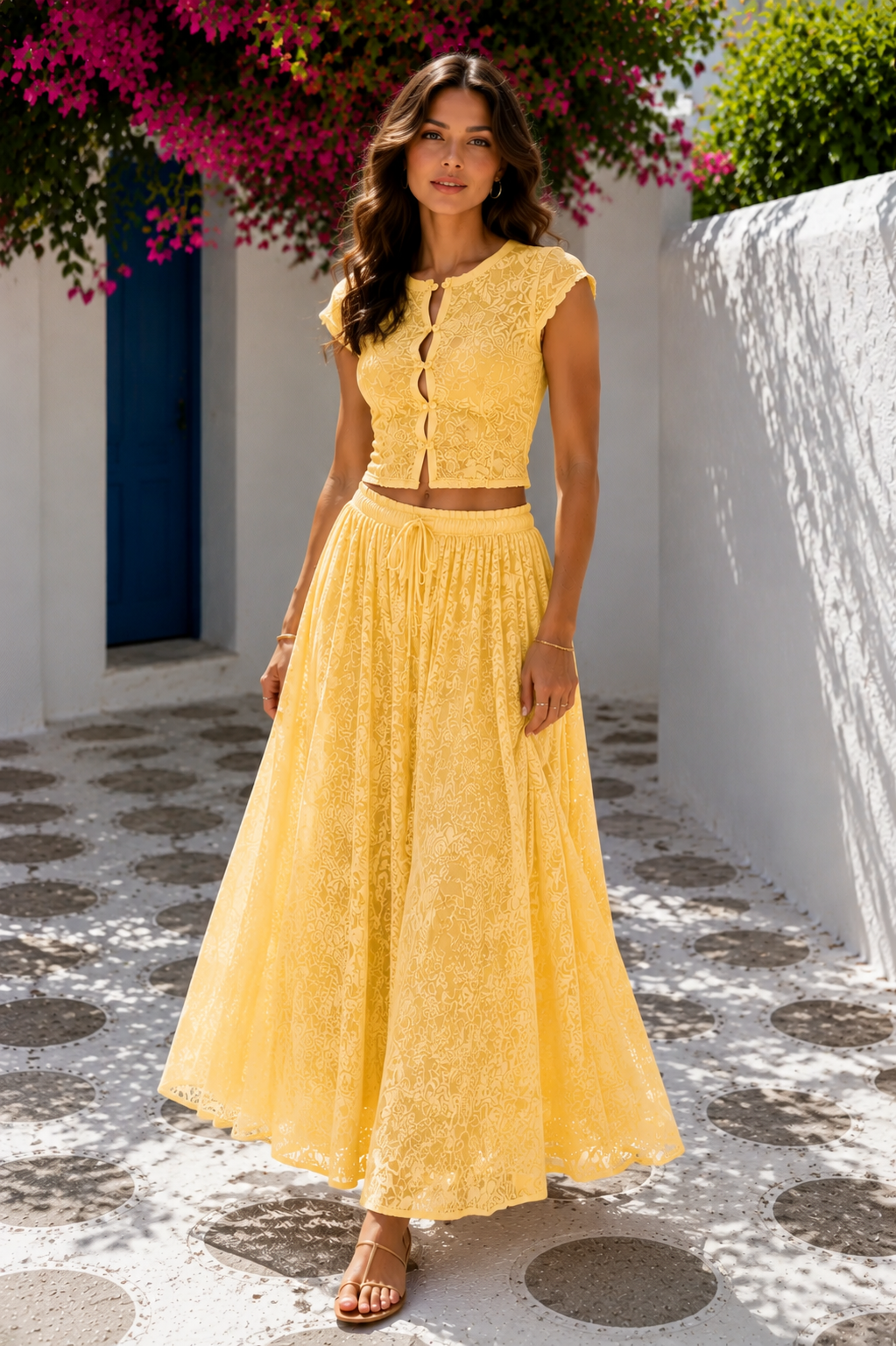 Yellow lace-look crop top and maxi skirt two-piece set front view