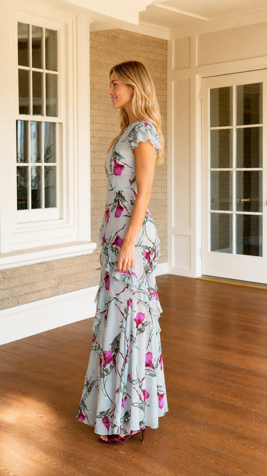 Side profile view of model in light blue floral maxi dress