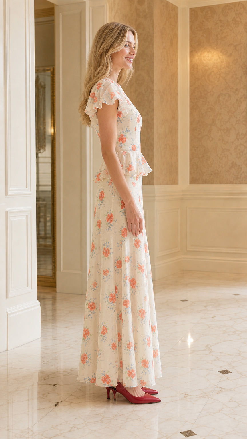 Side profile view of cream floral print maxi dress