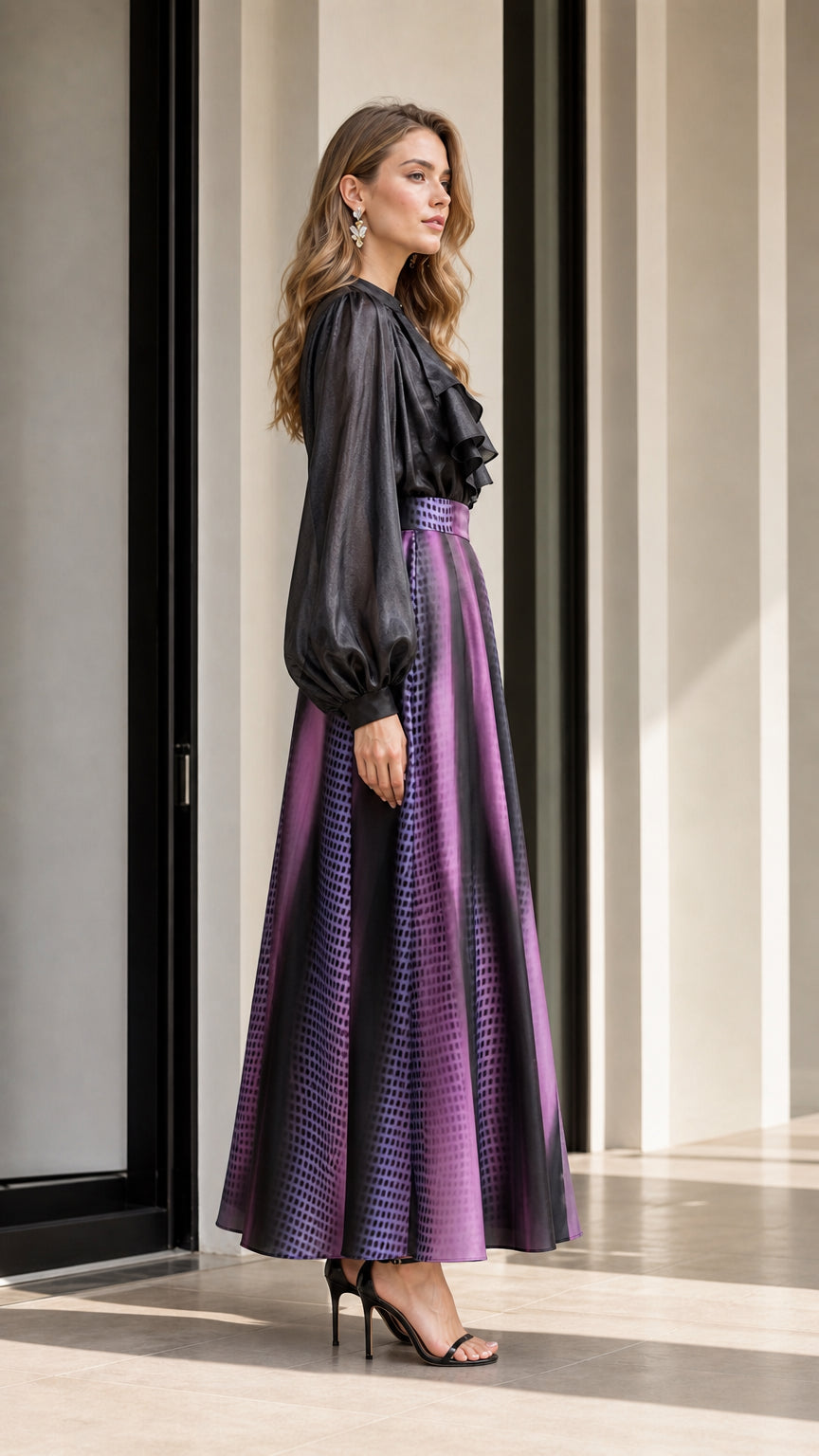 Side profile of model in purple gradient skirt set