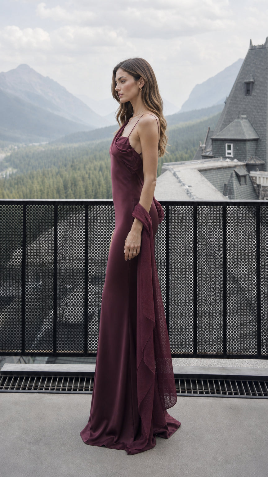 Side profile view of burgundy satin evening gown outdoors