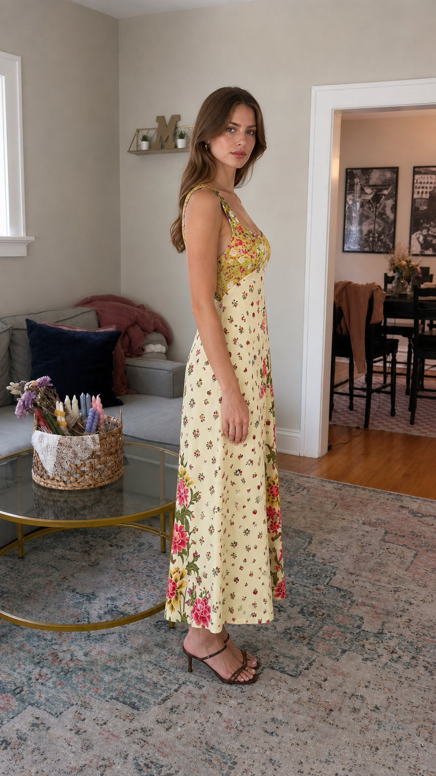 Side view of yellow floral patchwork midi dress on model