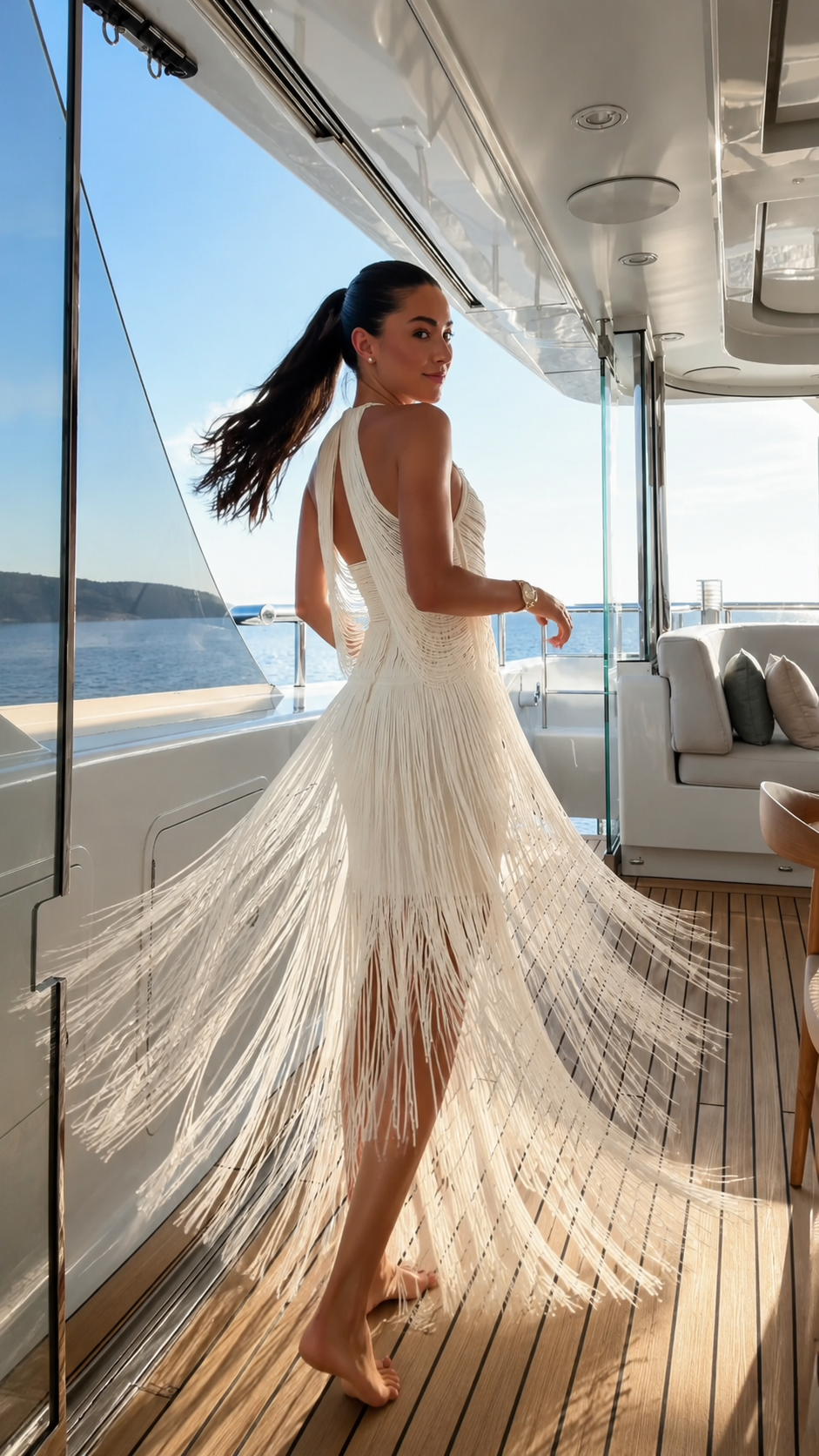 Ivory fringe halter maxi dress with open back and dramatic swaying hem