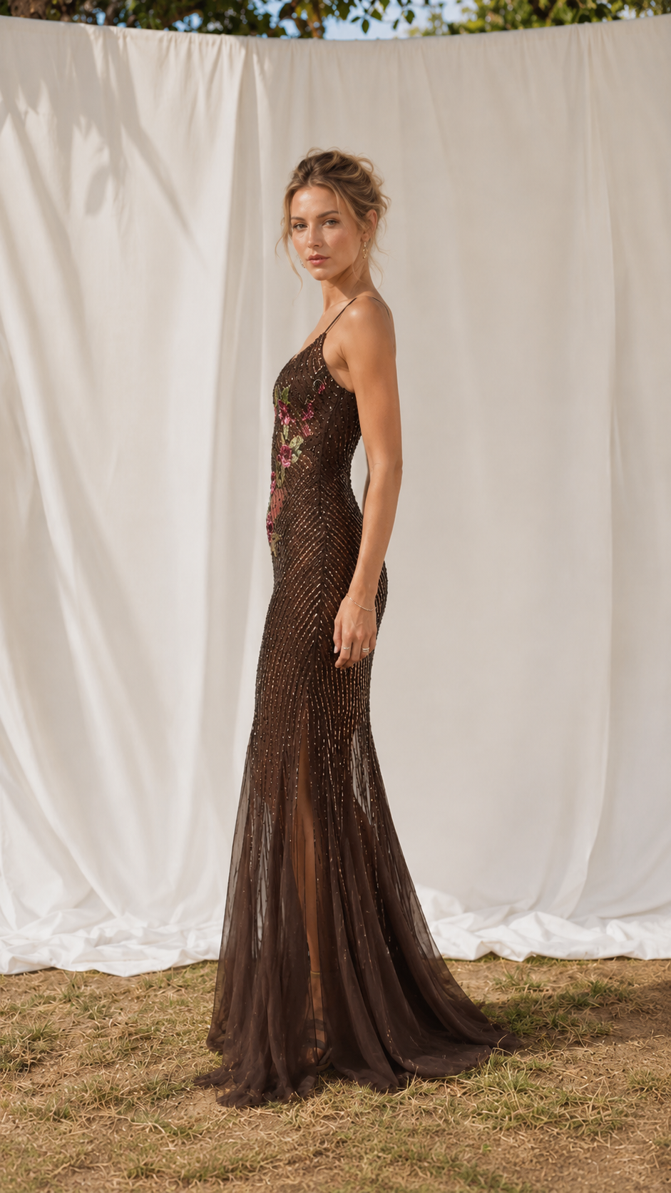 Side view of chocolate brown floral embroidered sequin evening gown