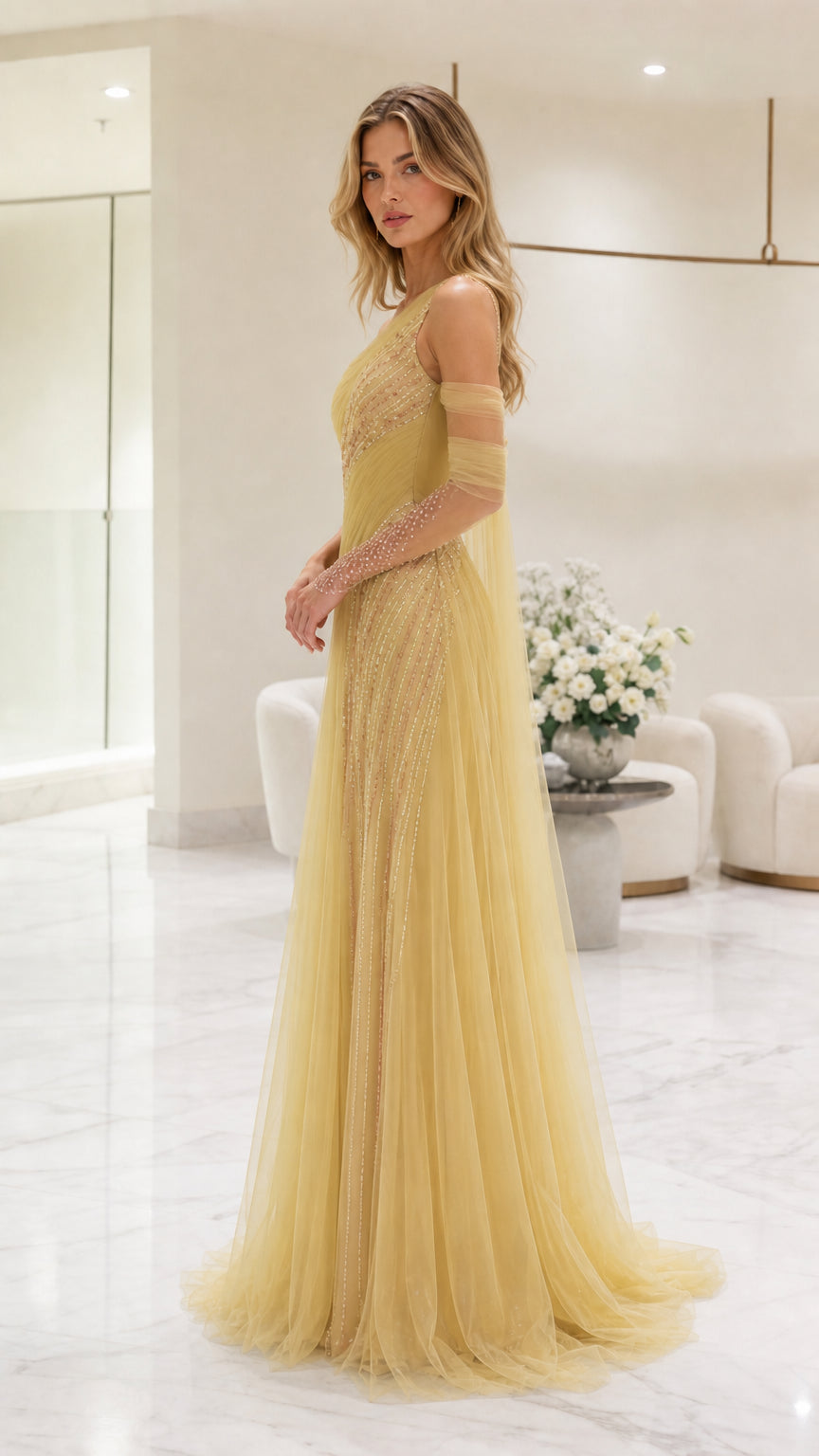Side profile view of yellow evening gown