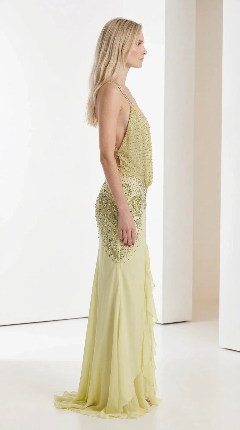 Side profile of yellow formal dress