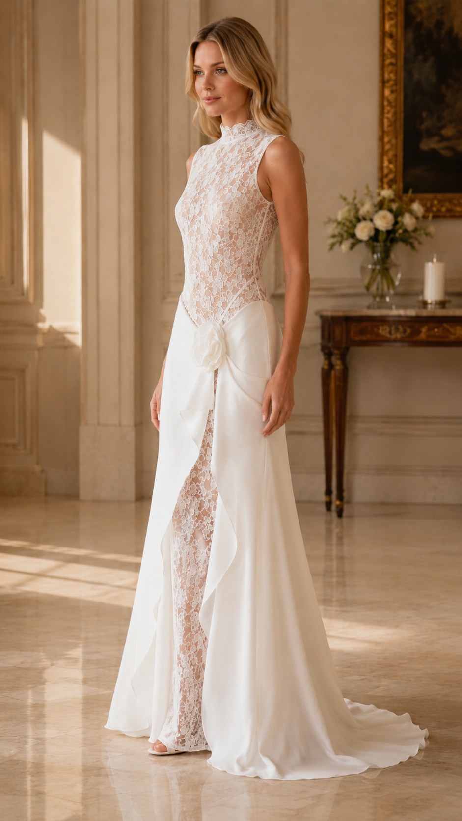 Angled front view of ivory lace bodice evening dress with draped front slit effect