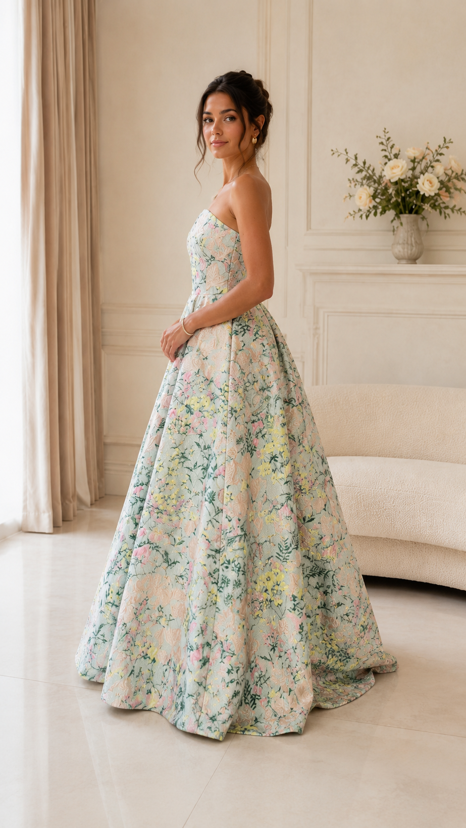 Side view of pastel floral strapless full-length ball gown dress