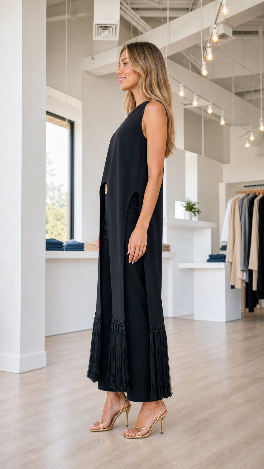 Model wearing black fringe pant set, side profile view