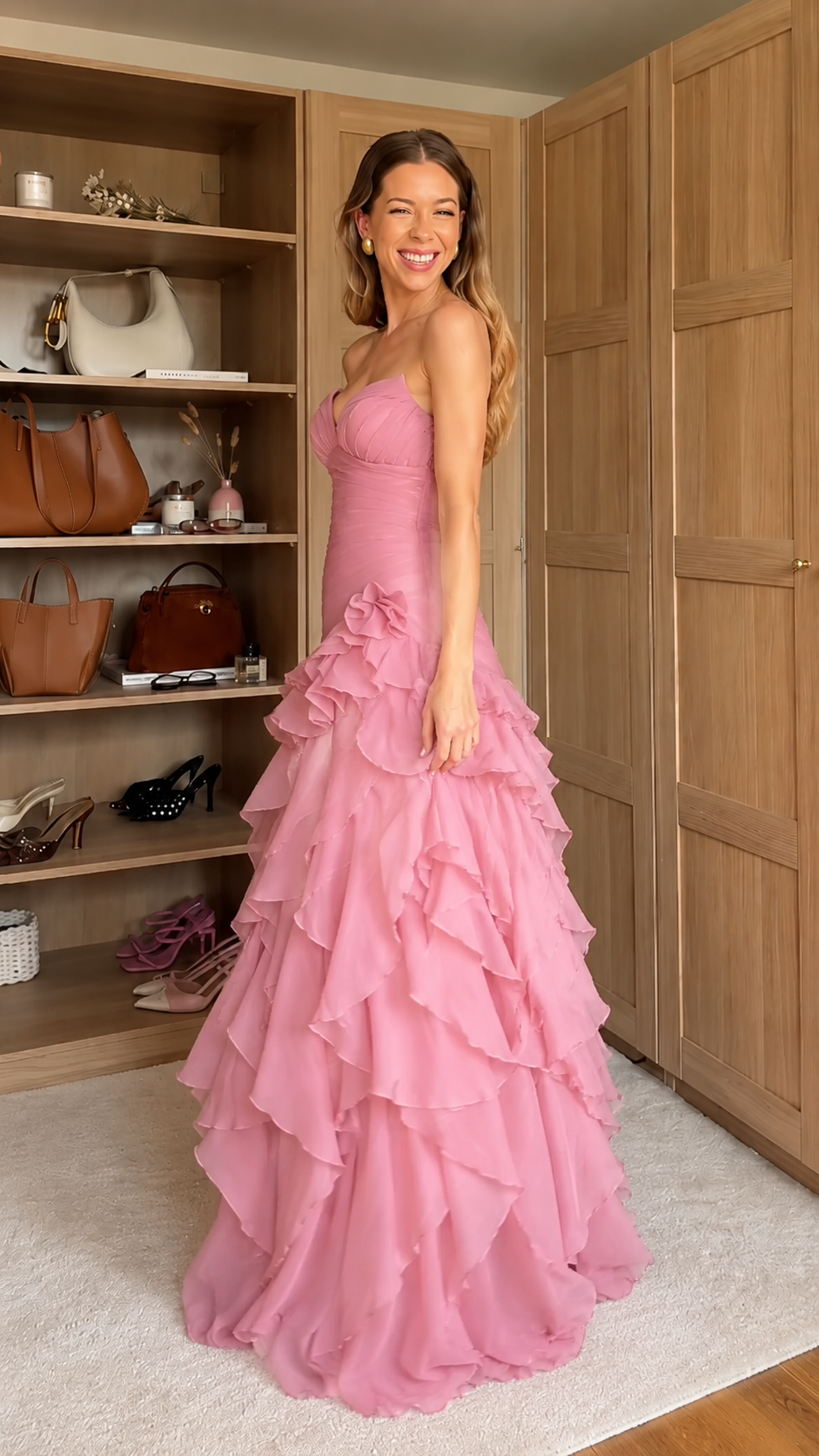 Side view of dusty rose strapless ruched bodice formal gown with layered ruffles