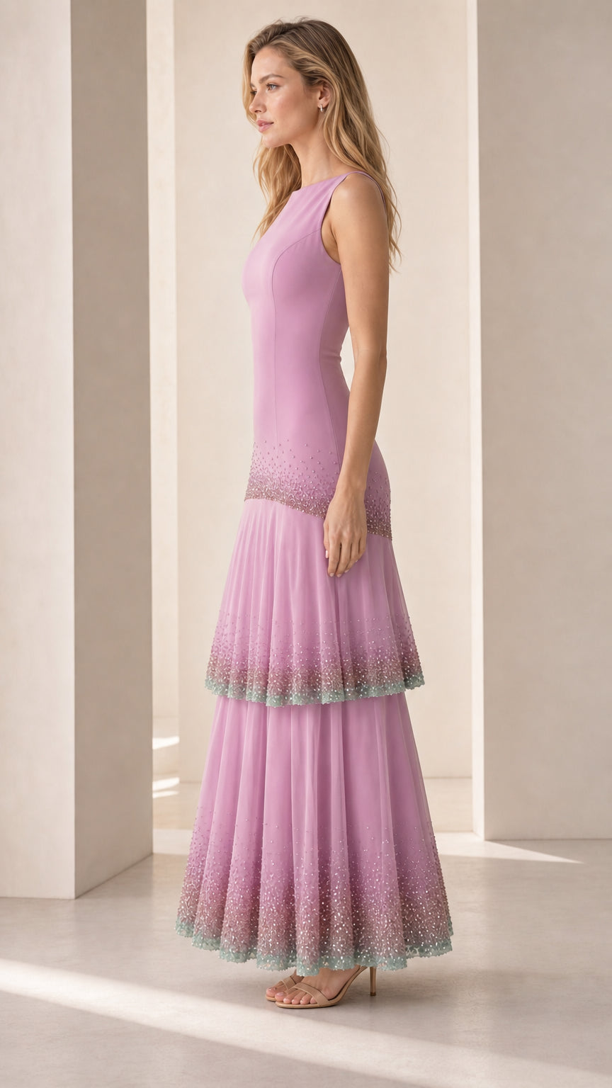 Side profile view of model in lavender formal gown