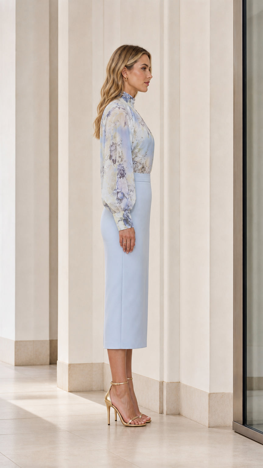 Side profile view of light blue set