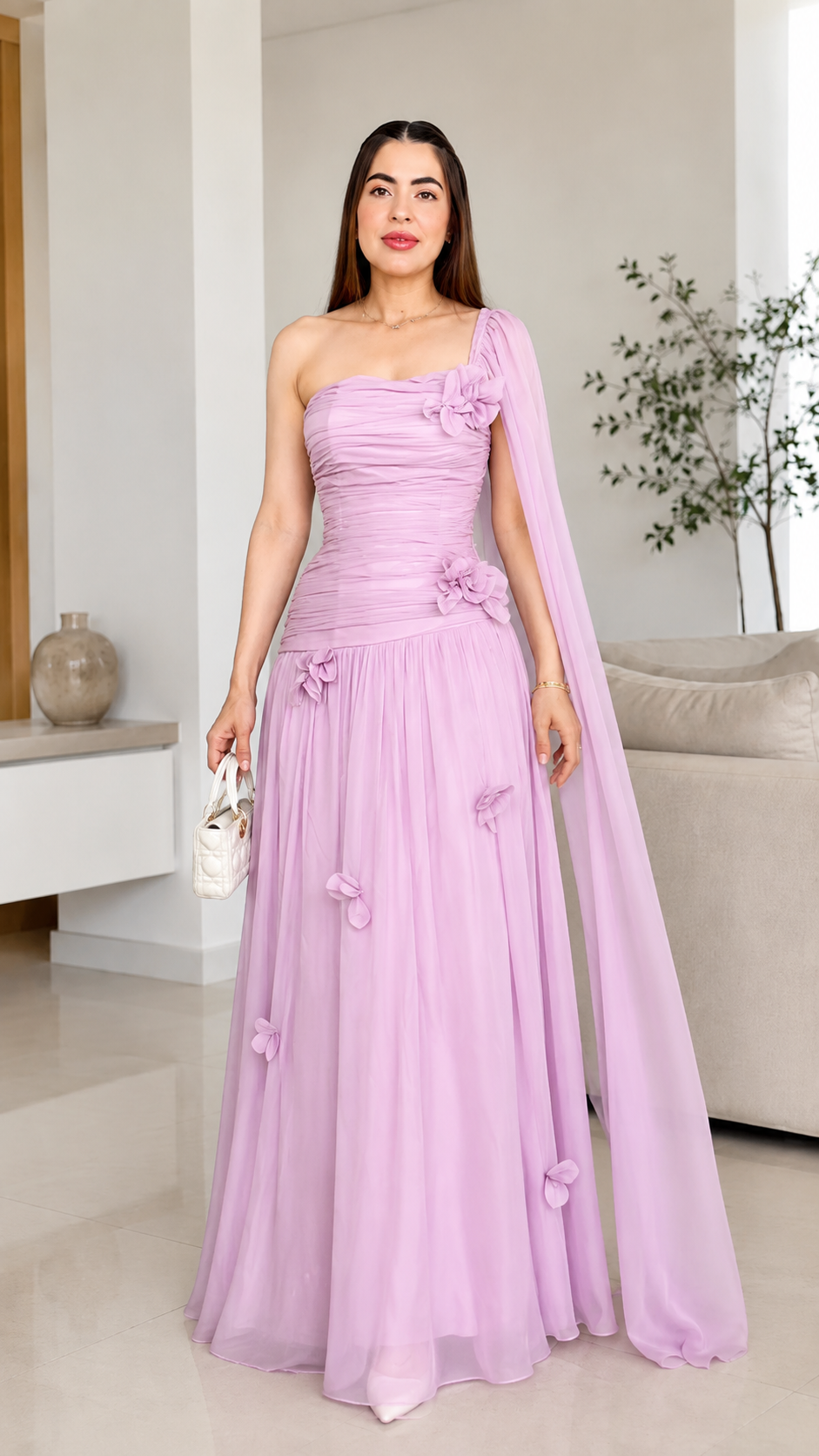 Lilac one-shoulder flowing evening maxi dress with ruched bodice front view