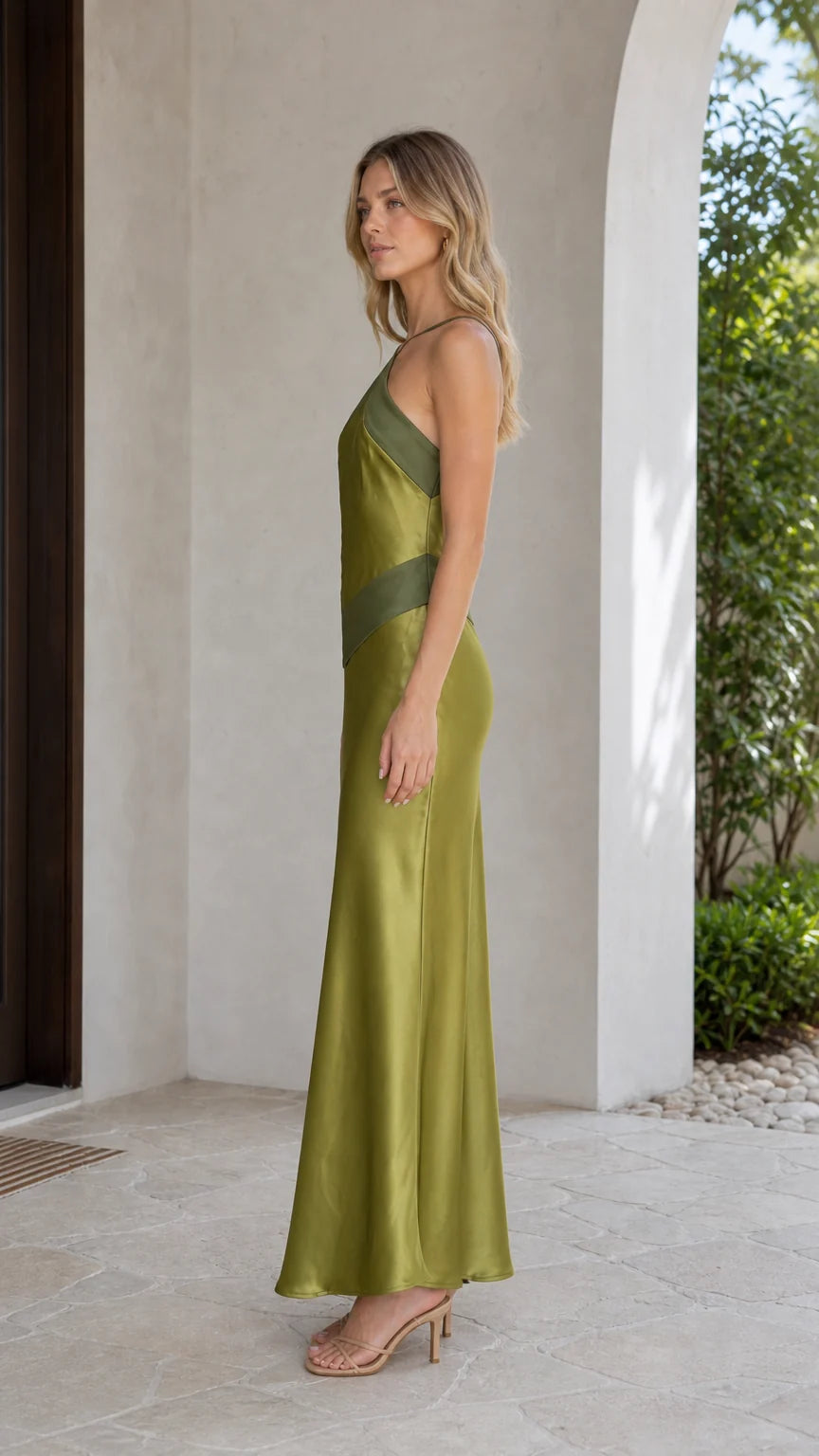 Side profile of olive satin maxi dress