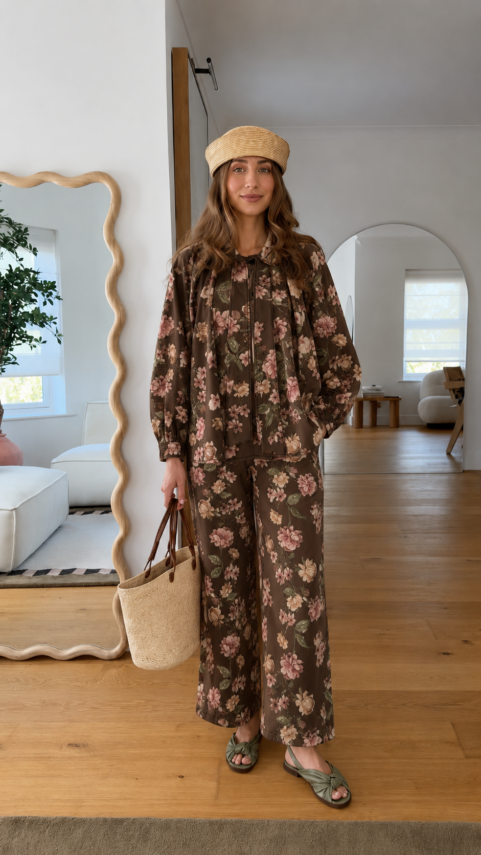 Front view of brown floral matching blouse and wide-leg pants set