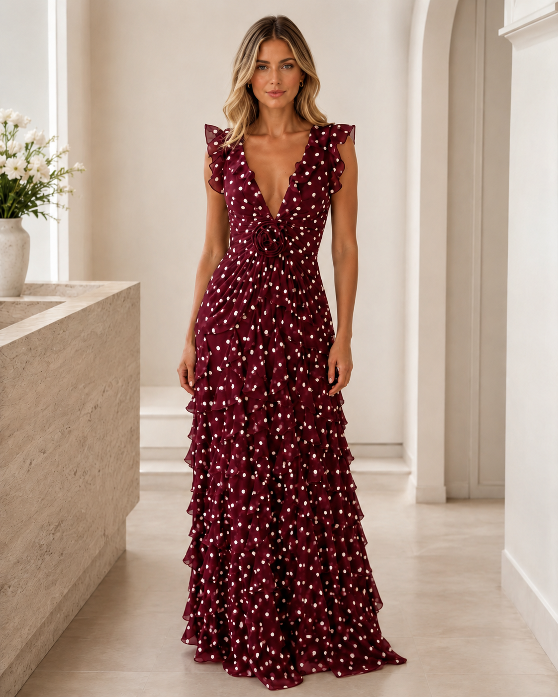 Front view of burgundy polka dot ruffle tiered maxi dress with deep V-neck