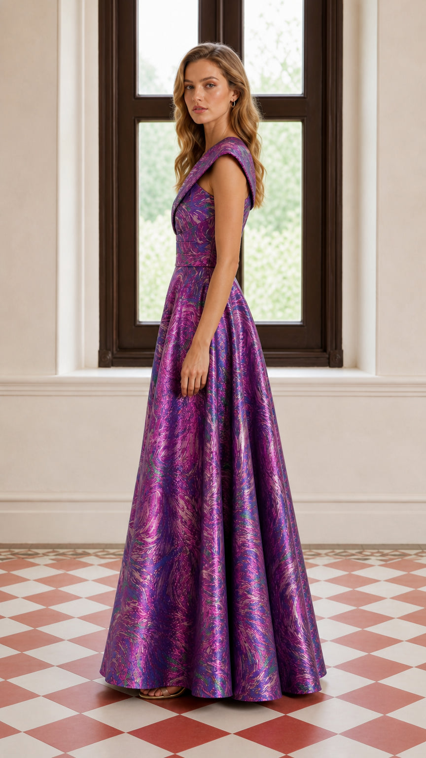 One-Shoulder Pleated Metallic A-Line Maxi Evening Gown in Purple side view