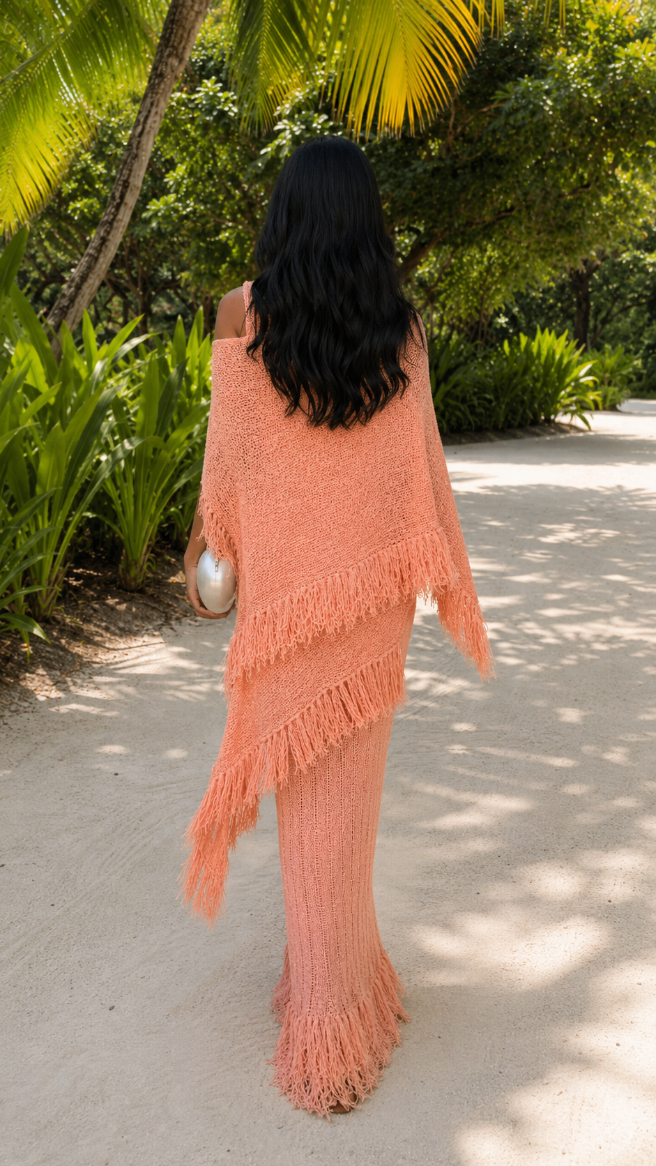 Peach textured maxi dress set with fringe poncho back view