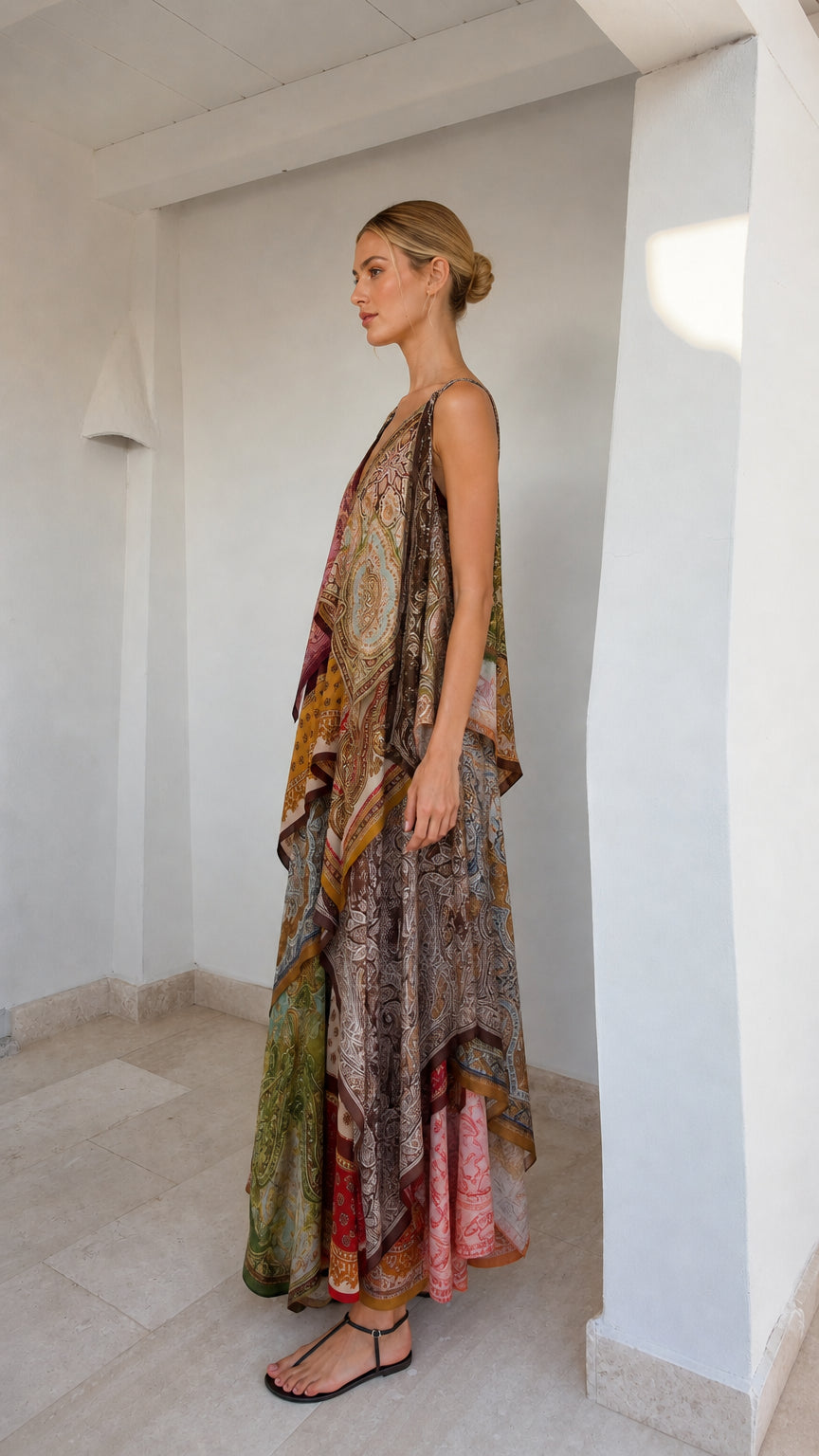 Side profile of model in flowing patchwork maxi dress