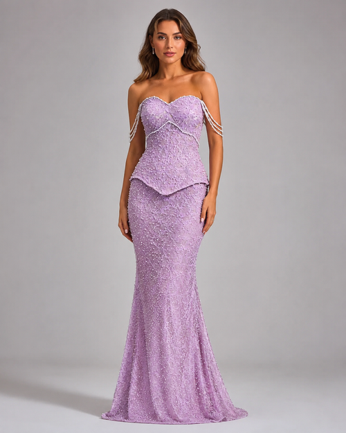 Front view of lilac beaded strapless mermaid evening gown with sweetheart neckline