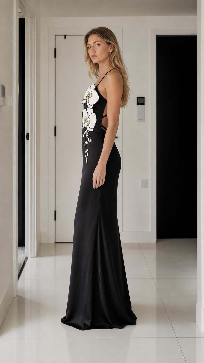 Elegance 3D Floral Applique Satin Maxi Dress in black, side profile view