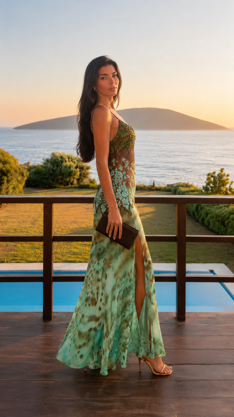 Side view of aqua spaghetti strap maxi dress with flowing printed skirt and slit