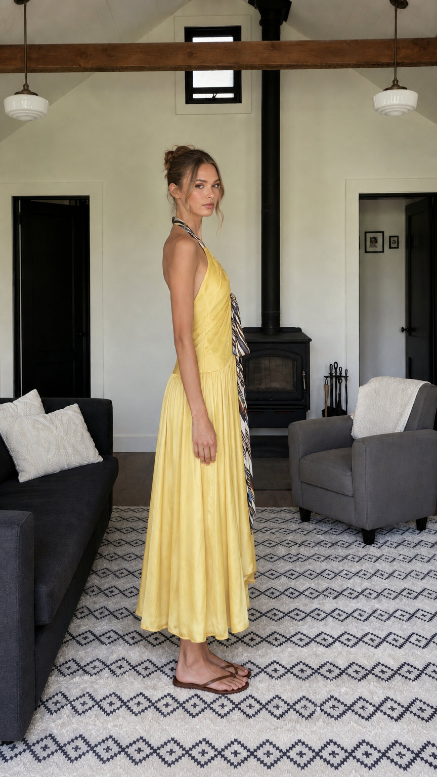 Side profile of woman in yellow maxi dress