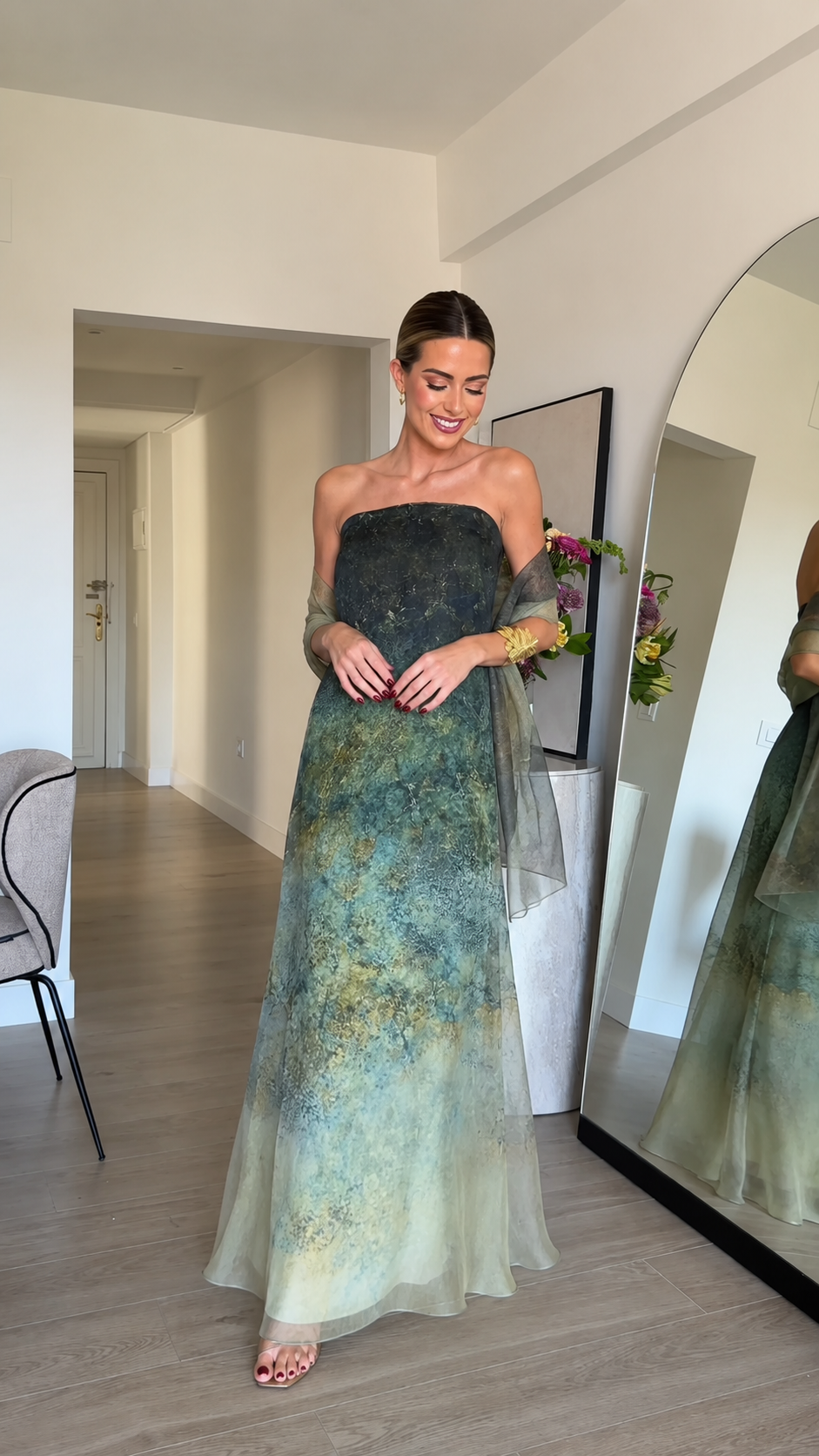 Front view of sage green strapless floor-length formal gown with textured ombre finish