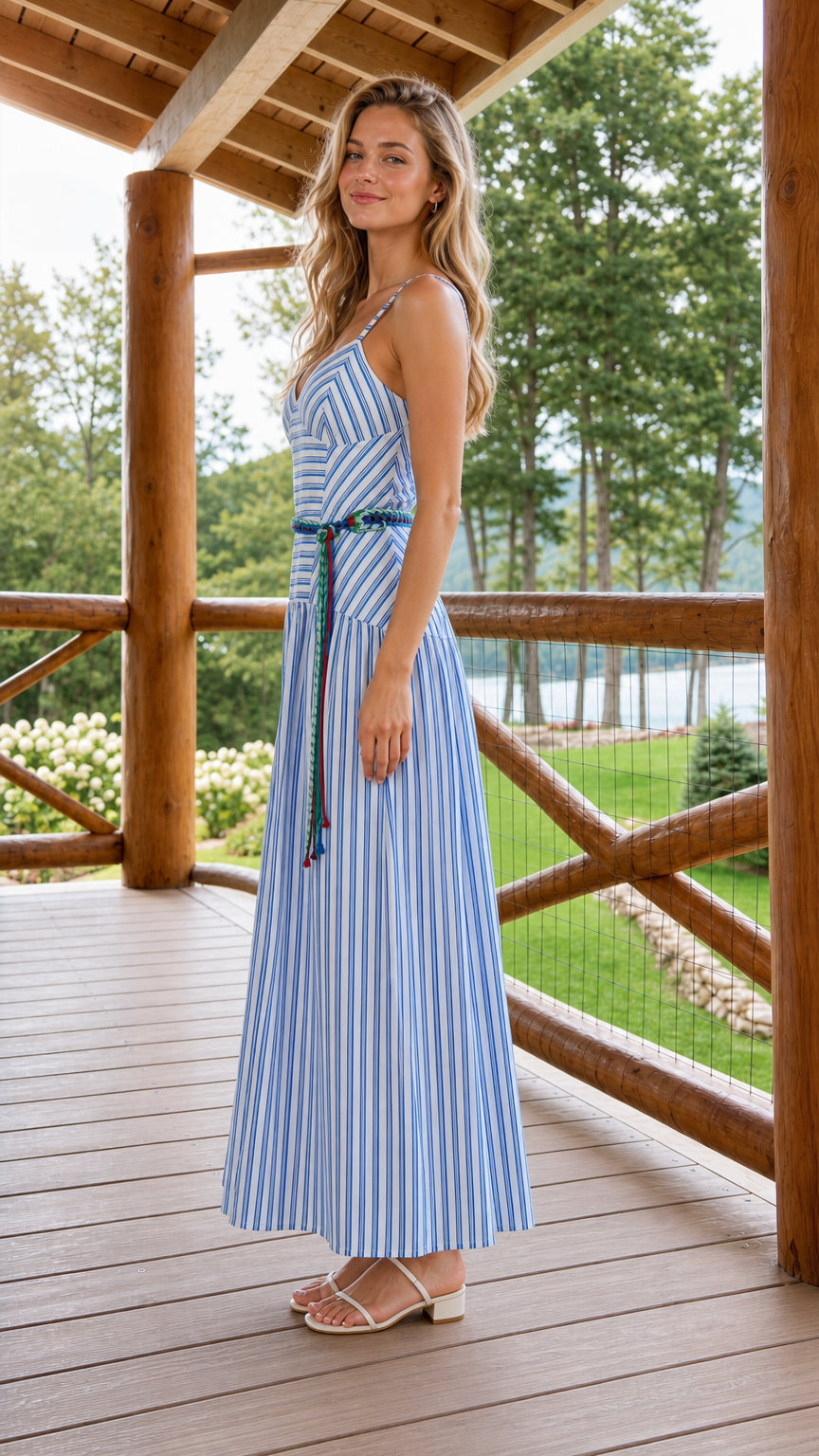 Side profile view of blue striped maxi dress