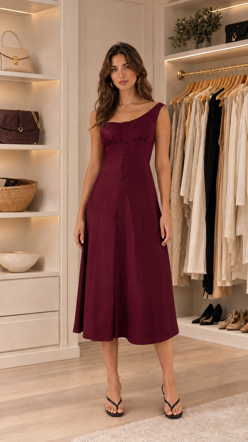 Front view of wine square neck sleeveless button front midi dress