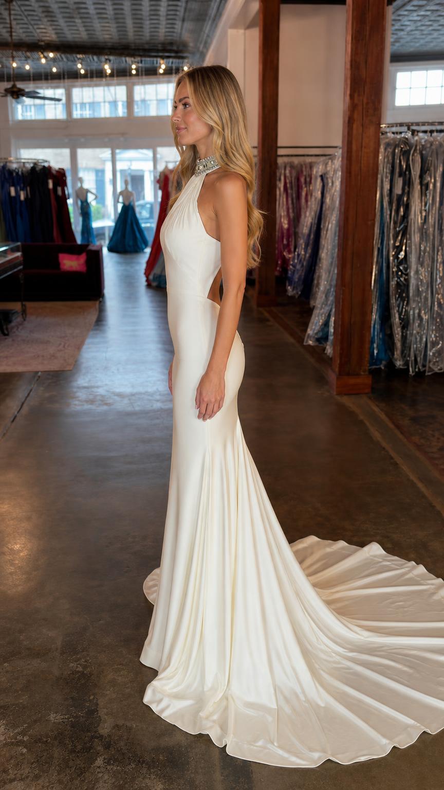 Side profile view of white formal evening dress